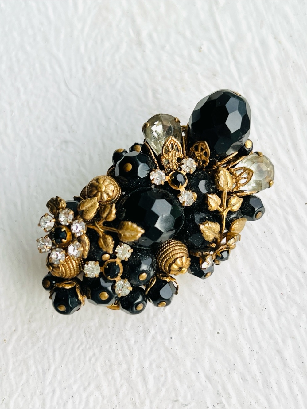 Mourning Brooch Unsigned De Mario Monte Rhinestone Flower Black Beaded
